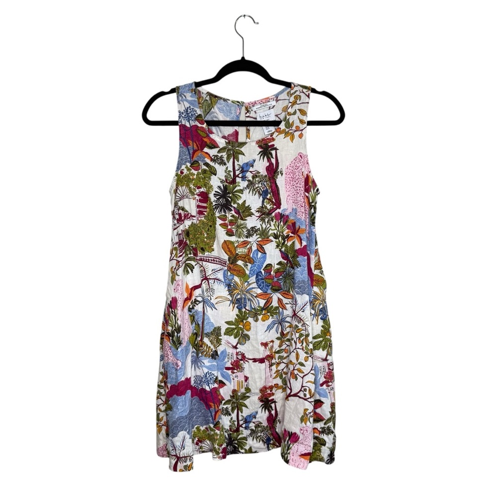 Nicole Miller Tropical Print 100% Linen Sleeveless Swing Dress Vacation Summer